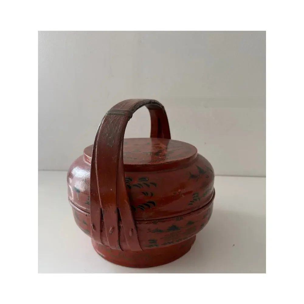 Vintage Traditional Chinese Asian Wedding Wooden Handled Basket Signed
